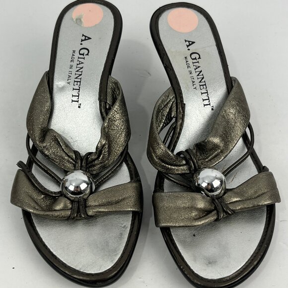 A. Giannetti Heeled Sandals Size 6.5 Beige Silver Leather Almond Open Toe - Picture 5 of 6